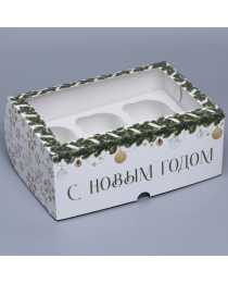 Коробка на 6 капкейков «Паттерн снежинки», с окном, 25х17х10 см