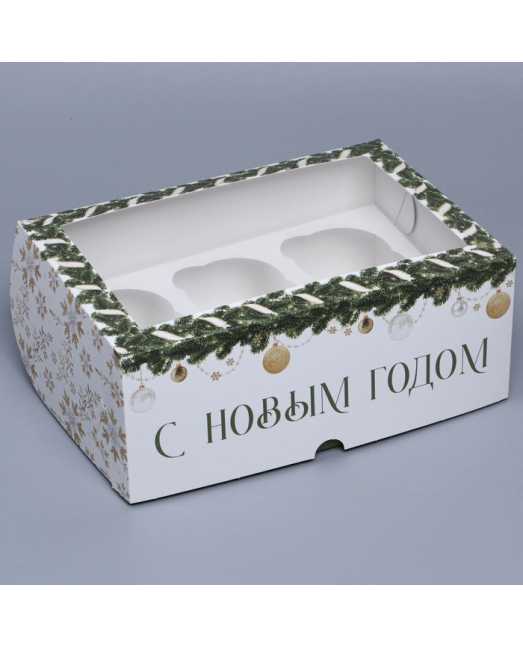 Коробка на 6 капкейков «Паттерн снежинки», с окном, 25х17х10 см - товары для кондитеров.