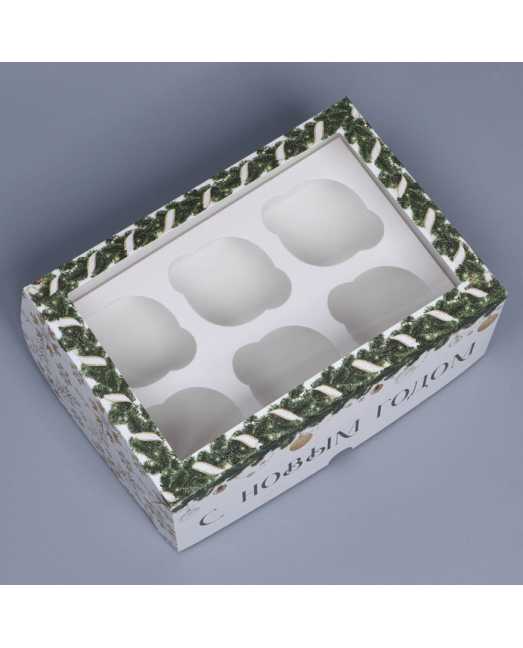 Коробка на 6 капкейков «Паттерн снежинки», с окном, 25х17х10 см - товары для кондитеров.