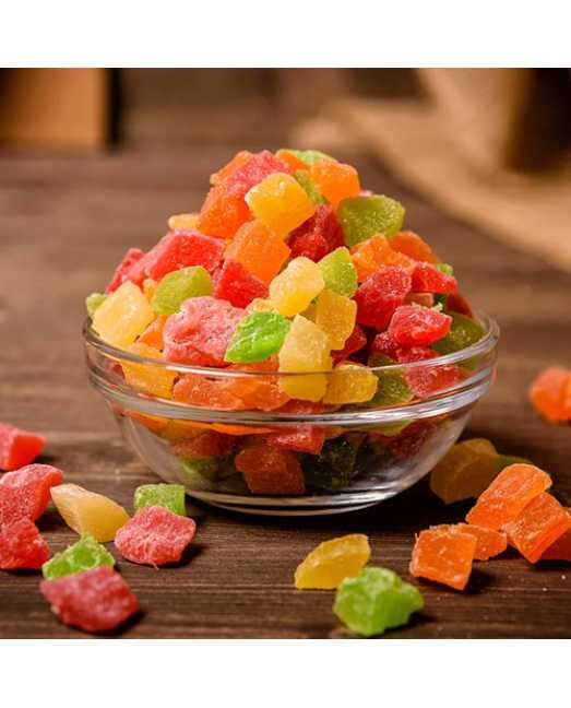 Цукаты глазированные в сахаре из папайи, разноцветные, кубиками 6х6 мм, 100 г Цукаты глазированные в сахаре из папайи, разноцветные, кубиками 6х6 мм, 100 г