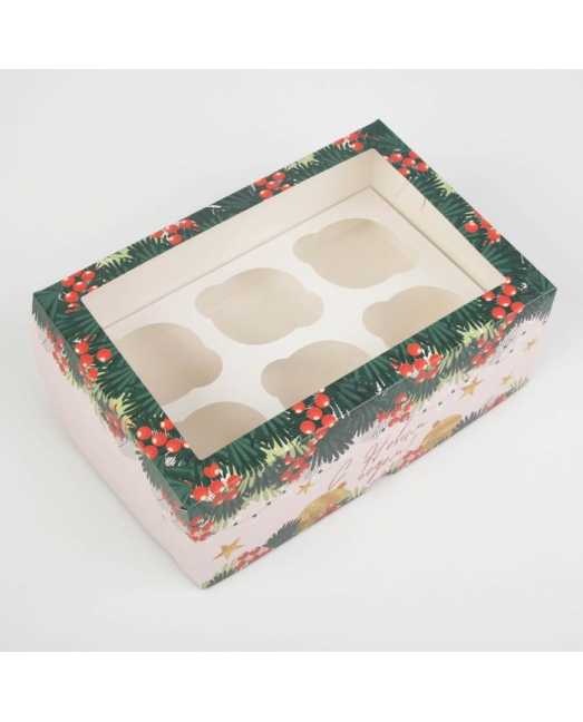 Коробка для 6 капкейков «Новогодний подарок» 17х25х10 см - товары для кондитеров.